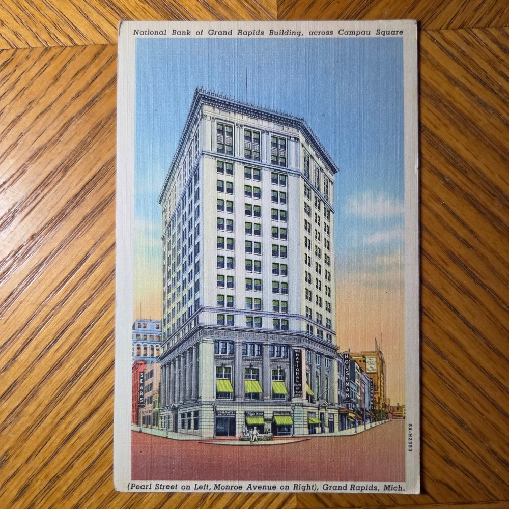 National Bank of Grand Rapids Building Postcard Pearl St Monroe Ave Michigan